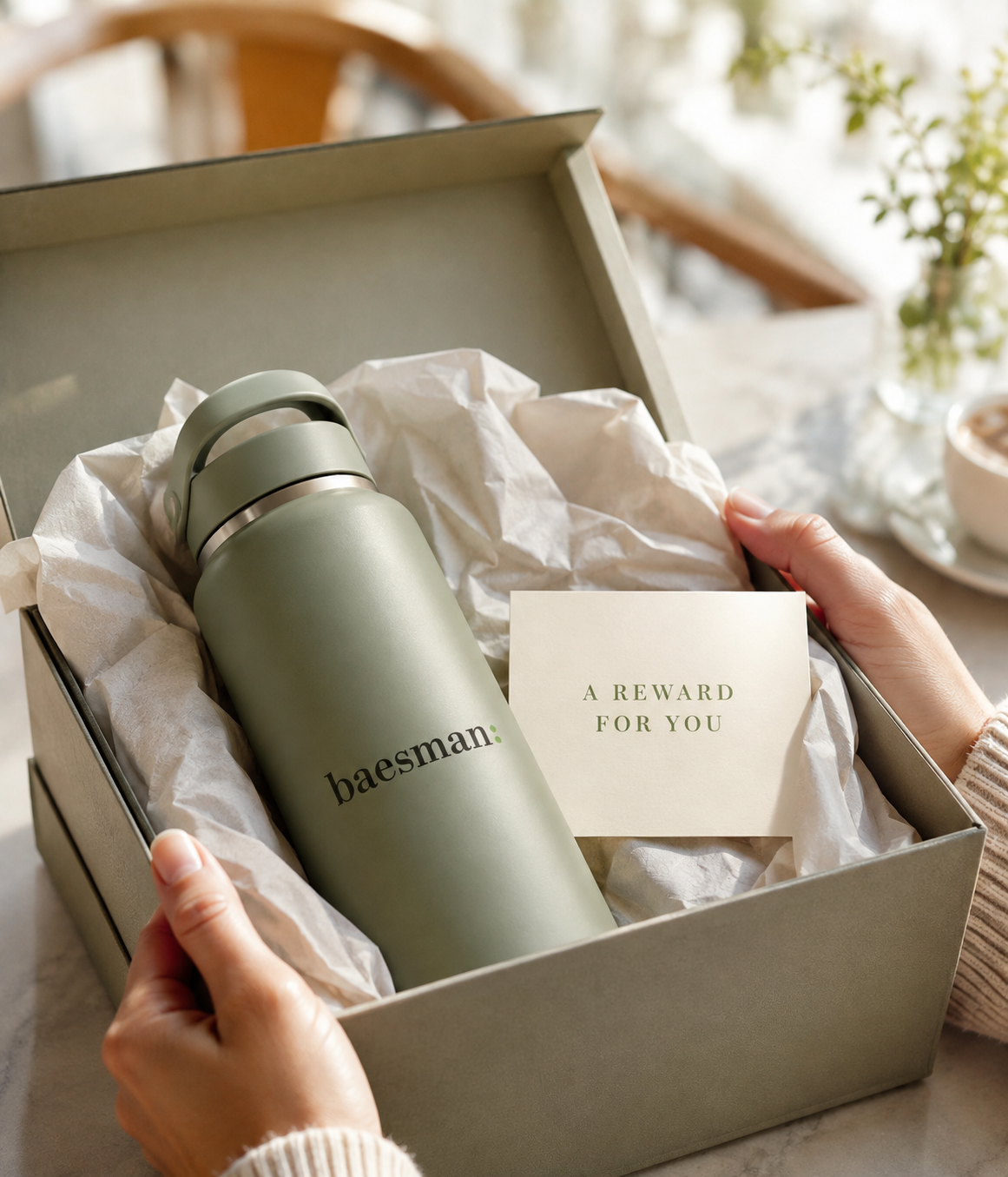 Customer opening a Baesman branded loyalty reward gift.