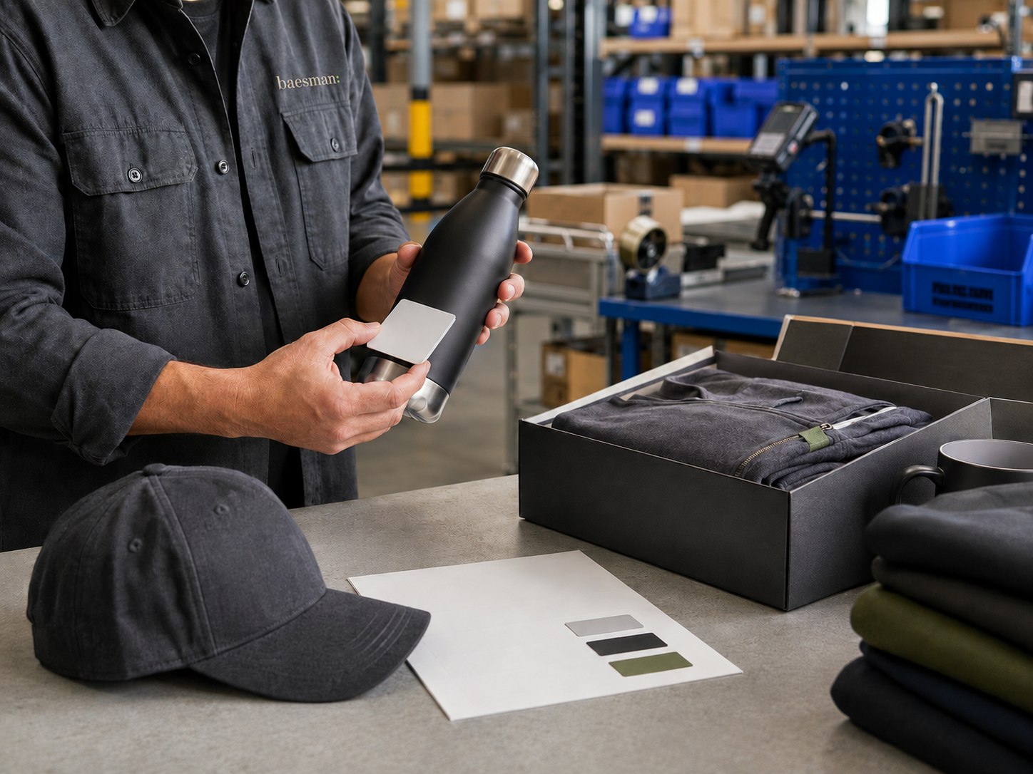 “Baesman team member inspecting a branded insulated bottle in an industrial production and fulfillment facility.”