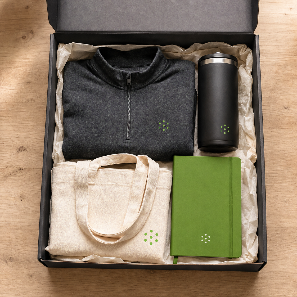 promotional products kitted box of branded merchandise and swag